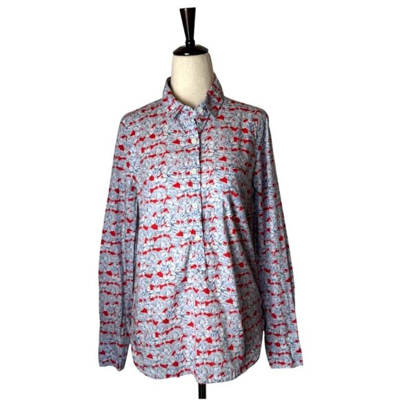 J Crew Liberty Of London Shirt Women 2 Red Blue Matilda Tulip Floral Popover - Picture 2 of 10